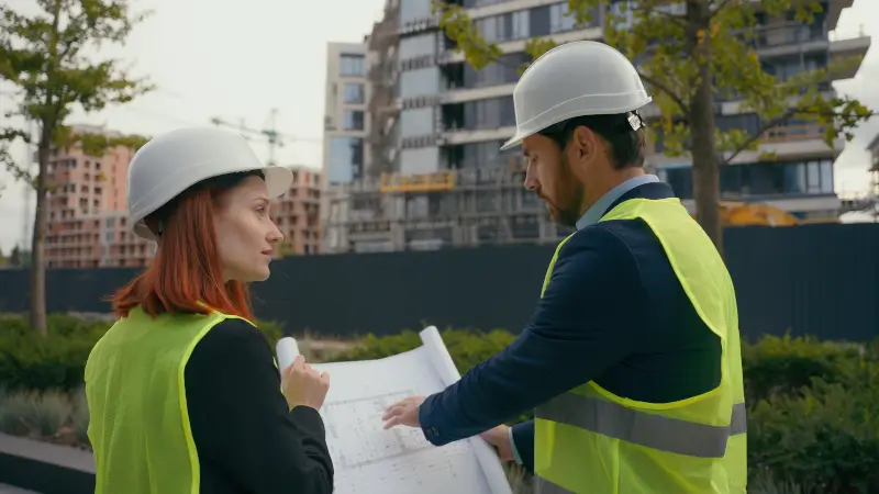 Tecnici in cantiere residenziale con progetti e dispositivi di sicurezza